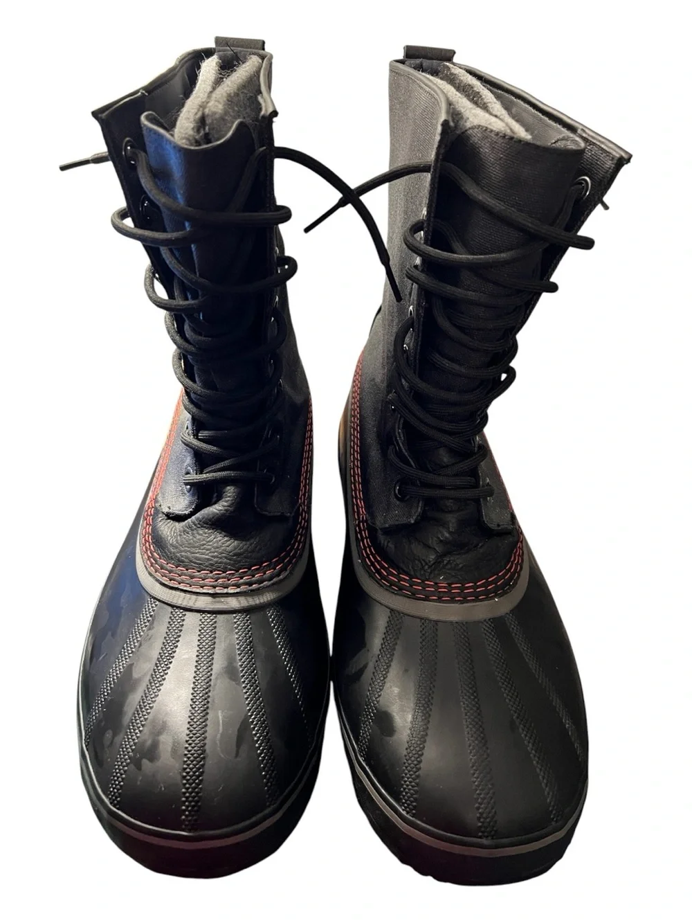 Sorel Black Lace-Up Men's Waterproof Duck Boots with Red Stitching